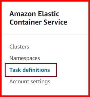 Picture showing submenu Task definitions in the Amazon Elastic Container Service